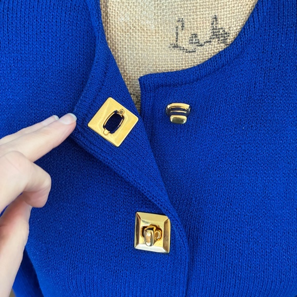 St. John Vintage 80’s Santana Knit Long Sleeve Sweater Dress blue gold button 4 - Picture 9 of 16